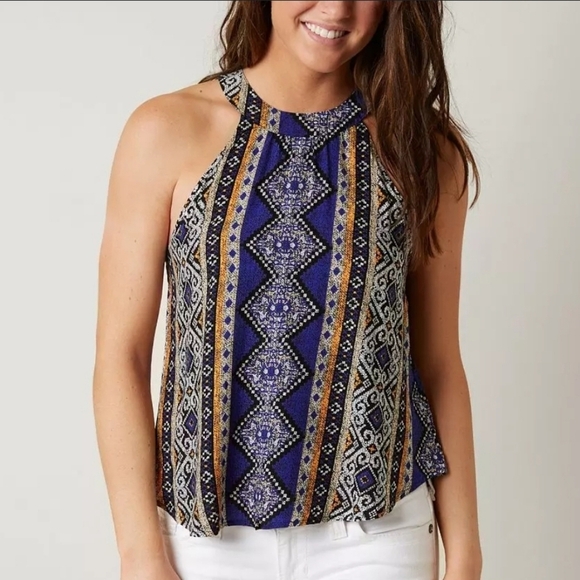 Sweet Wanderer Tops - Sweet Wanderer Blue Yellow Western Collared Tank Large NWT (5784)